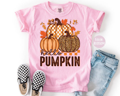 Comfort Colors Kids Hello Pumpkin Shirt: Boho Floral Fall Tee