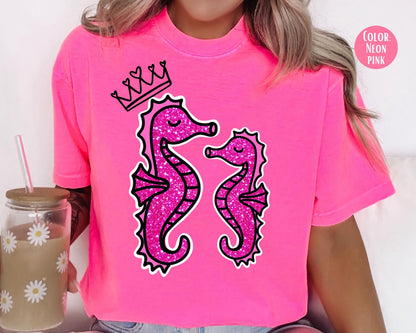 Comfort Colors® Faux Glitter Mama and Mini Seahorse Shirts, Mommy and Me Summer Shirts