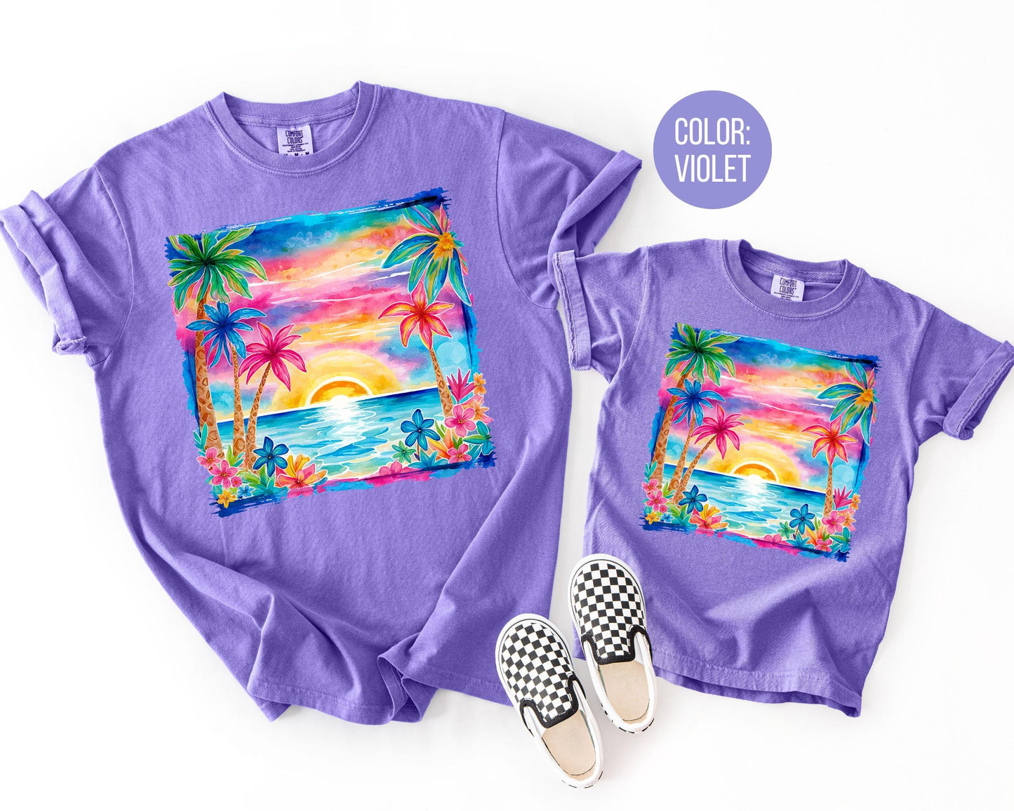 Comfort Colors® Watercolor Beach Sunset Shirt, Preppy Summer Beach Shirts