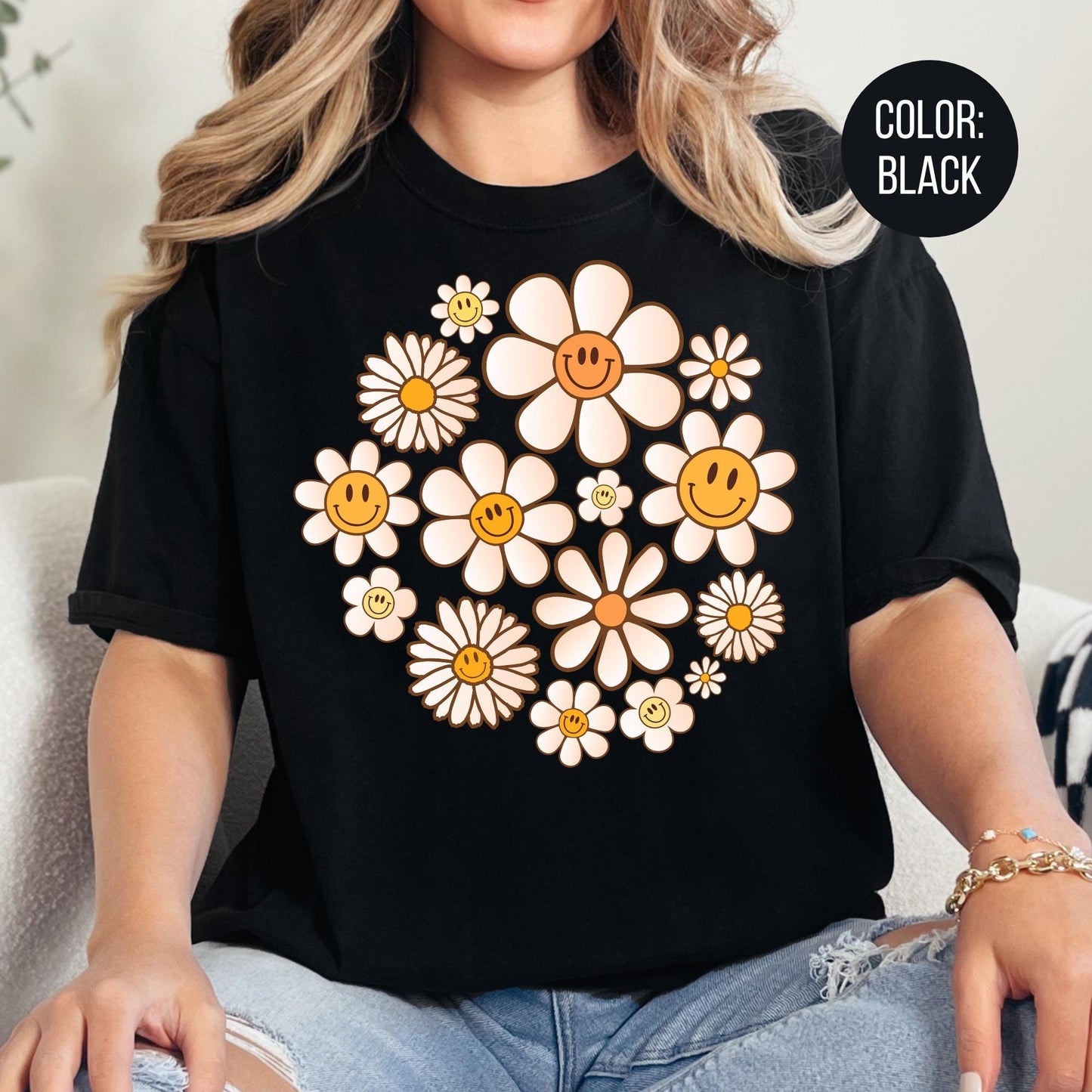 Comfort Colors Smiley Face Flowers Shirt: Floral Daisies Tee