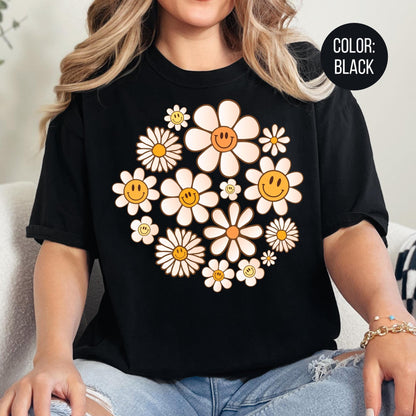 Comfort Colors Smiley Face Flowers Shirt: Floral Daisies Tee