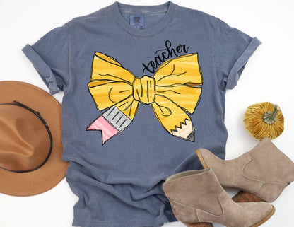 Comfort Colors Teacher Shirt: Pencil Bow Graphic Tee