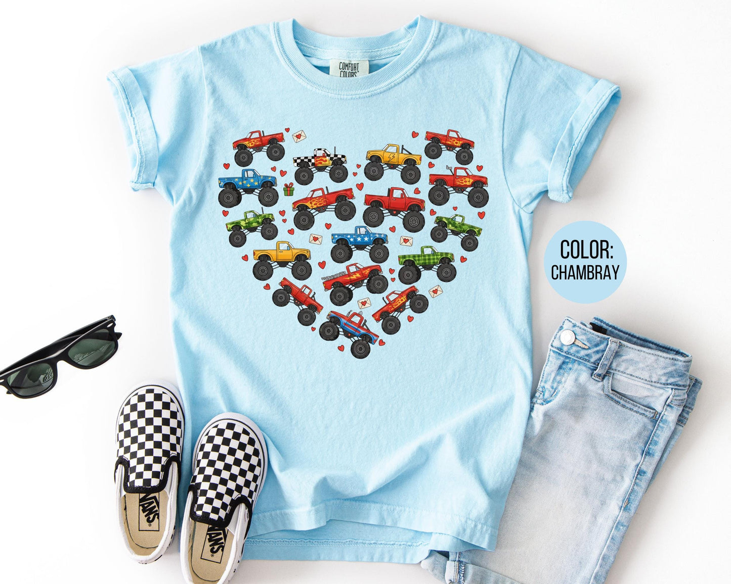Comfort Colors® Boys Heart Monster Truck Shirt, Kids Valentines Day Shirts