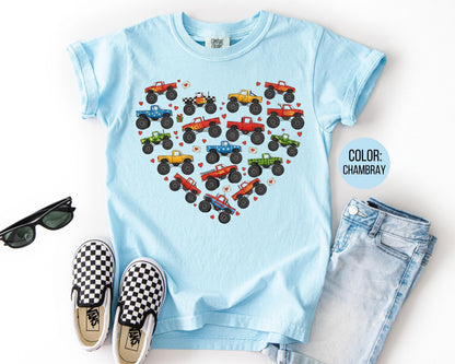 Comfort Colors® Boys Heart Monster Truck Shirt, Kids Valentines Day Shirts