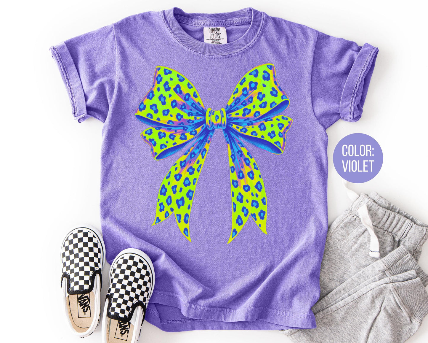 Girls Leopard Bow Shirt: Comfort Colors Kids Tee