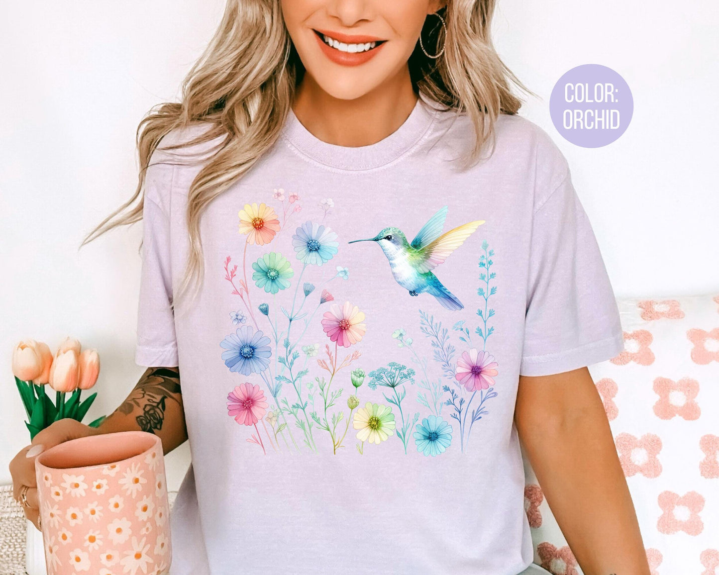 Comfort Colors Floral Hummingbird Shirt, Colorful Hummingbird Shirts
