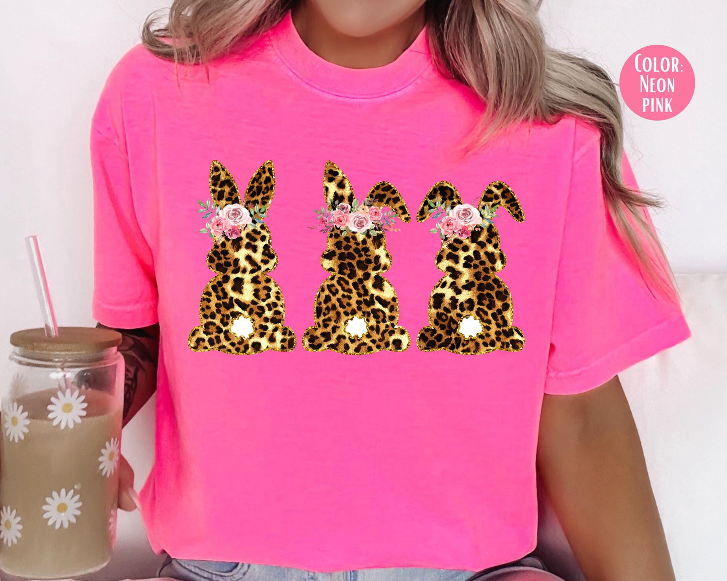 Comfort Colors® Floral Leopard Bunnies Shirt, Adult and Youth Leopard Easter Shirts