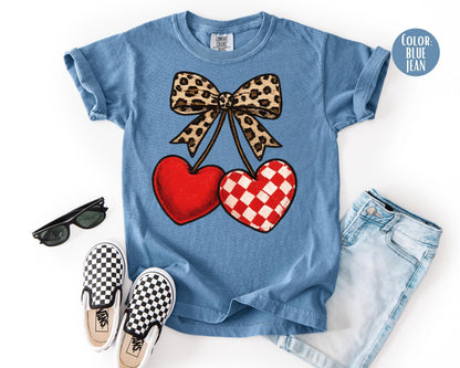 Comfort Colors Leopard Coquette Valentine Cherries Shirt: Girls Valentine's Day Tee