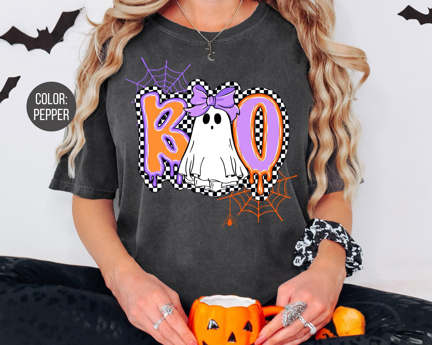 Comfort Colors Checkered Ghost Shirt: Spooky Halloween Mama & Mini Tees