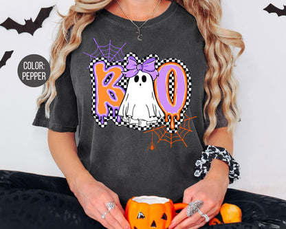Comfort Colors Checkered Ghost Shirt: Spooky Halloween Mama & Mini Tees