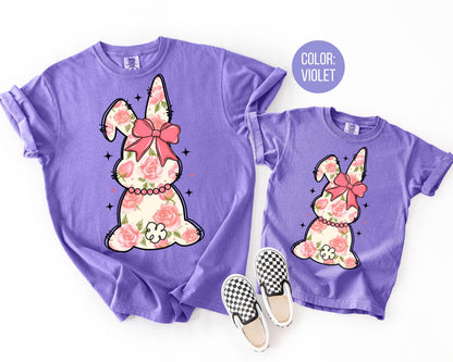 Comfort Colors® Girls Pink Floral Bunny Shirt, Easter Shirts for Kids