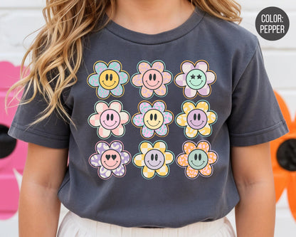 Comfort Colors Retro Smiley Face Flowers Shirt, Girls Smiley Flower Tee
