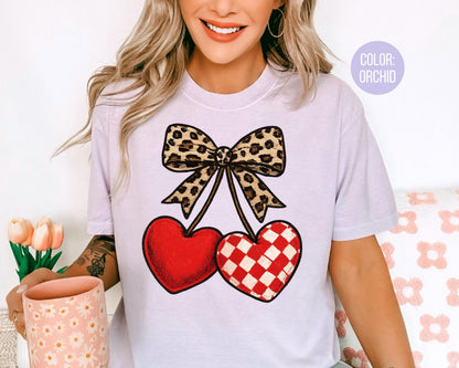 Comfort Colors Leopard Coquette Valentine Cherries Shirt: Girls Valentine's Day Tee