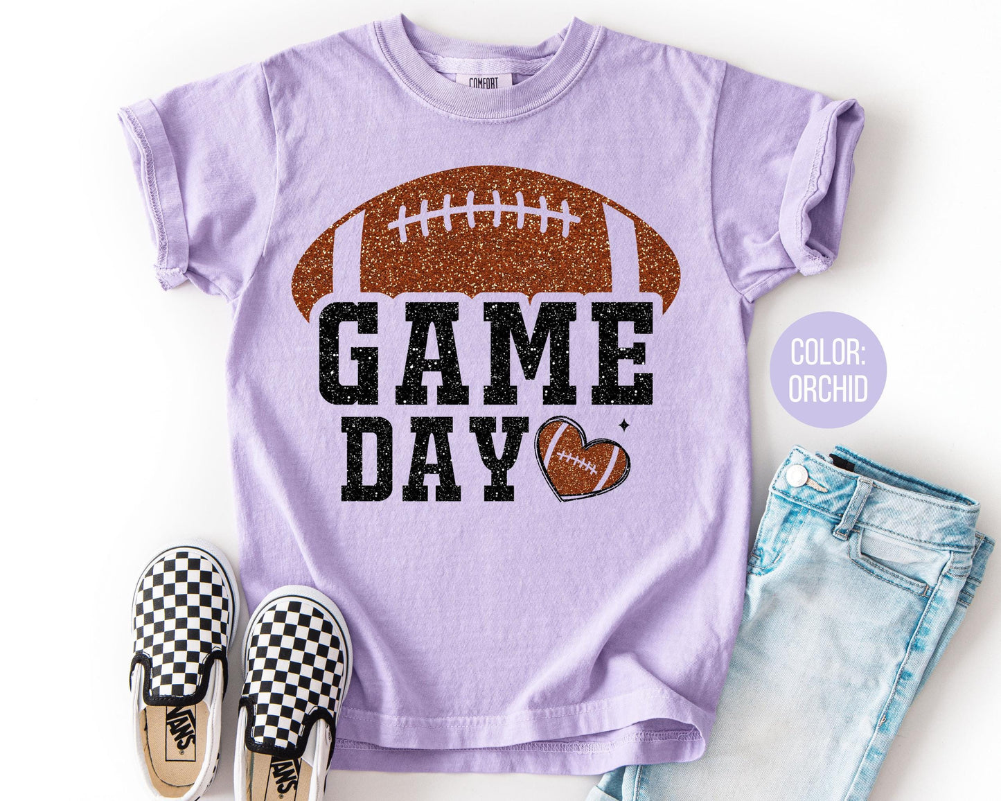 Comfort Colors Faux Glitter Football Shirt - Preppy Game Day Tee