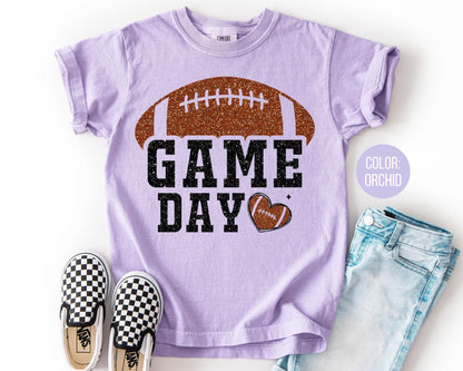 Comfort Colors Faux Glitter Football Shirt - Preppy Game Day Tee
