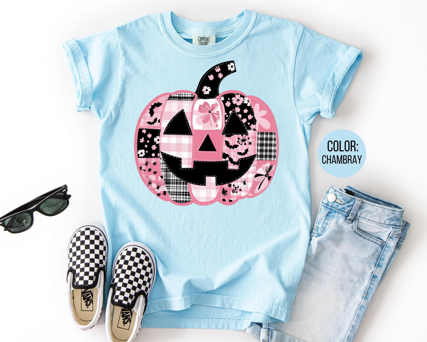 Comfort Colors Pink Pumpkin Patchwork Shirt - Retro Halloween Tee