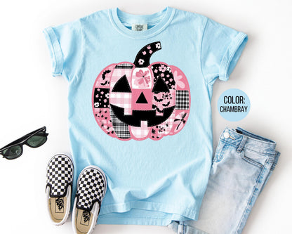 Comfort Colors Pink Pumpkin Patchwork Shirt - Retro Halloween Tee