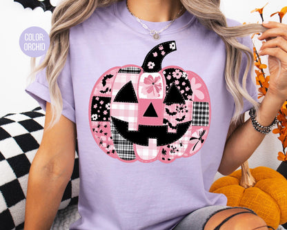 Comfort Colors Pink Pumpkin Patchwork Shirt - Retro Halloween Tee