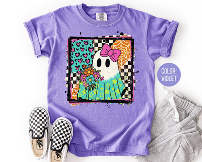 Comfort Colors Checkered Floral Ghost Shirt - Retro Halloween Tee