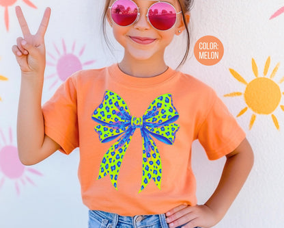 Girls Leopard Bow Shirt: Comfort Colors Kids Tee