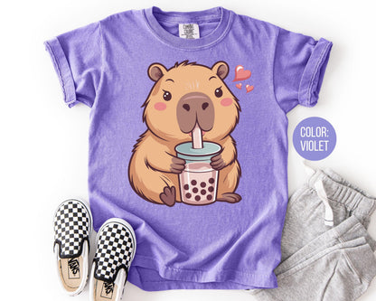 Comfort Colors Capybara Bubble Tea Shirt, Kids Capybara Tee