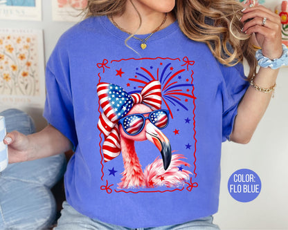 Comfort Colors Girls Patriotic Flamingo Shirt, 4th of July Shirts