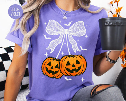 Comfort Colors Coquette Halloween Shirt: Cherry Pumpkins & Lace