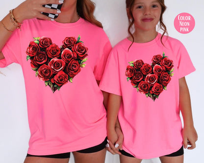 Comfort Colors Rose Heart Bouquet Valentine Shirts, Mommy and Me Valentines Day