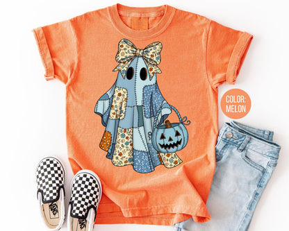 Comfort Colors Blue Denim Ghost Shirt: Patchwork Halloween Tee