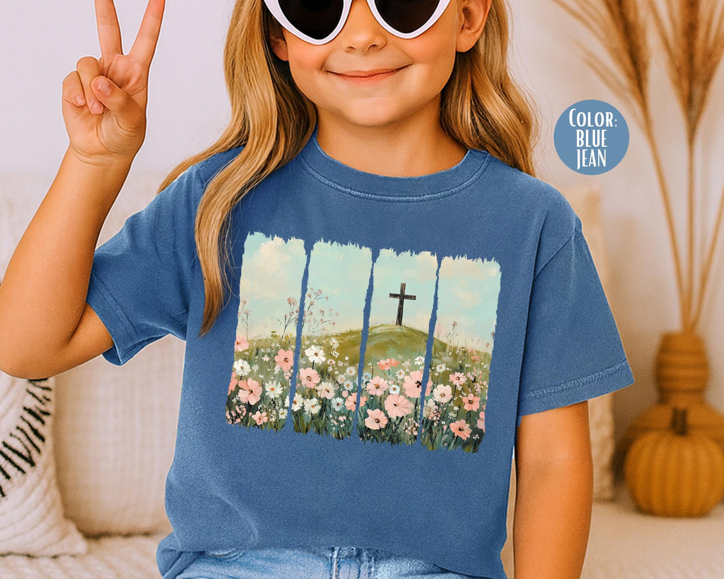 Comfort Colors® Girls Floral Cross Shirt, Kids Easter Shirts, Christian Gift