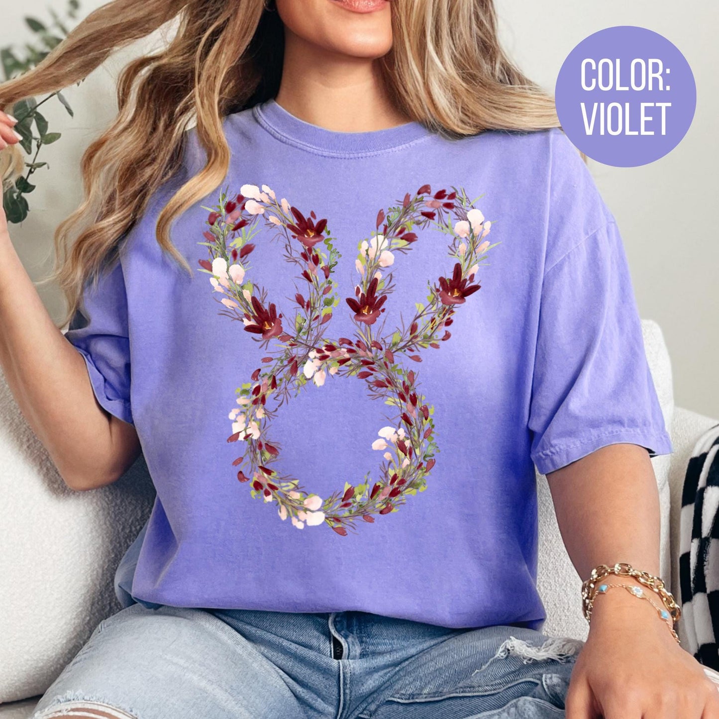 Comfort Colors Floral Bunny Wreath Shirt - Easter Gift