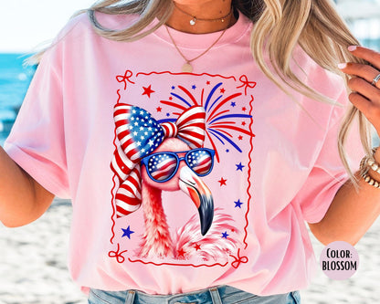 Comfort Colors Girls Patriotic Flamingo Shirt, 4th of July Shirts