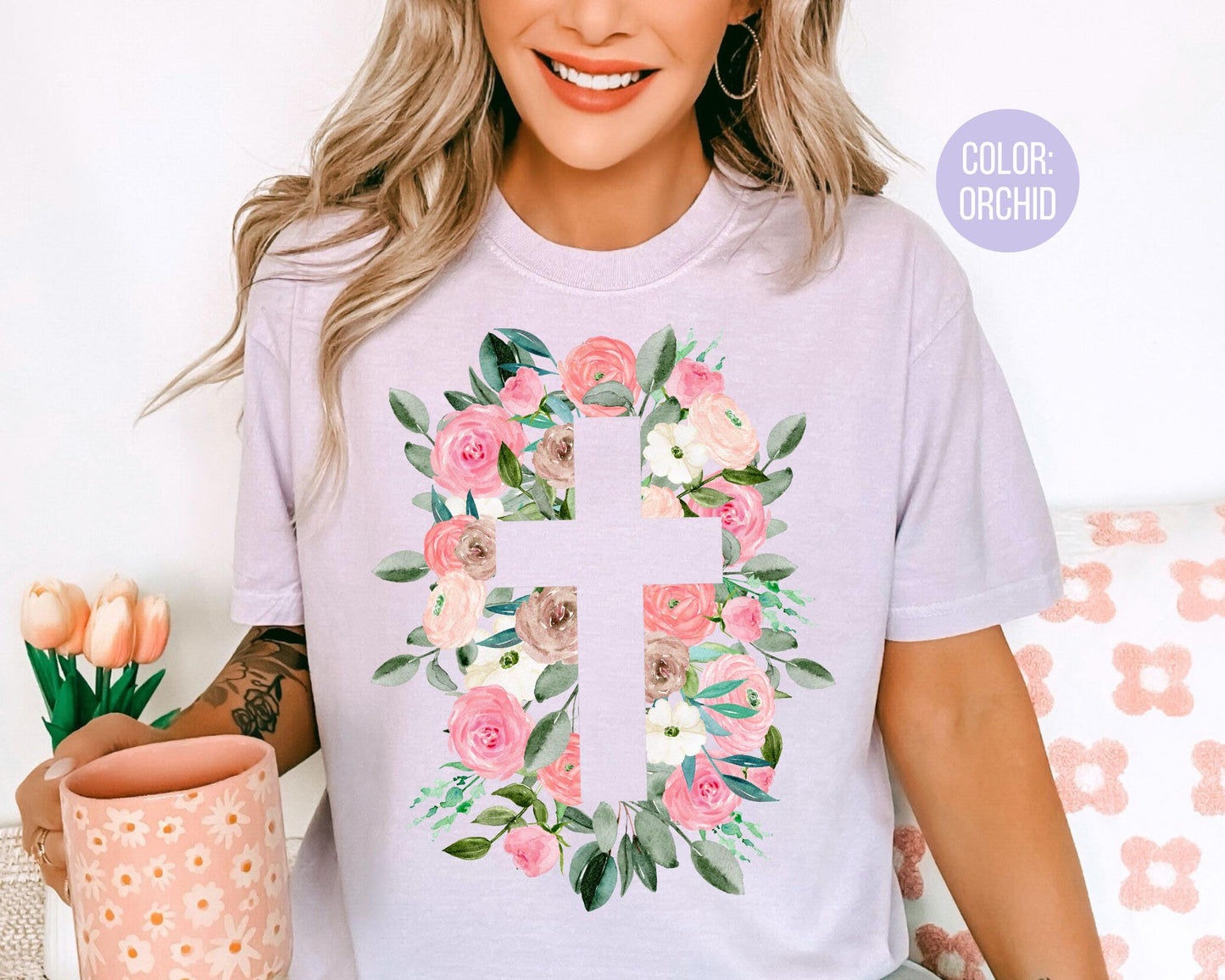 Comfort Colors® Easter Floral Cross Shirt, Girls Jesus Cross Shirts