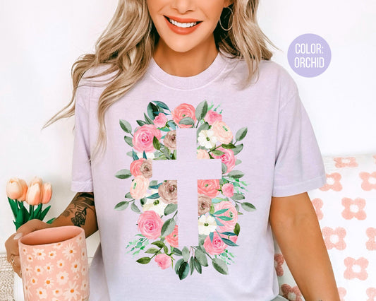 Comfort Colors® Easter Floral Cross Shirt, Girls Jesus Cross Shirts