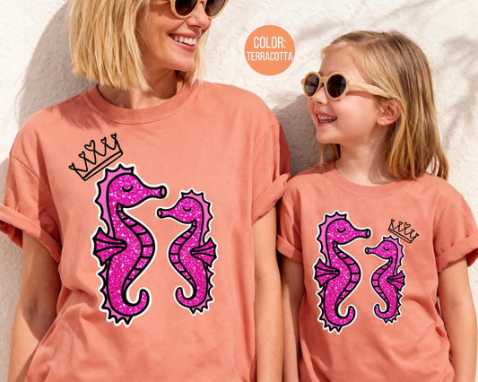 Comfort Colors® Faux Glitter Mama and Mini Seahorse Shirts, Mommy and Me Summer Shirts