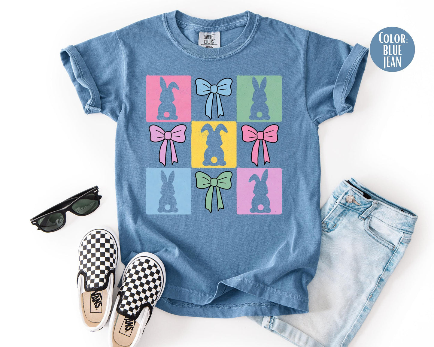 Comfort Colors® Colorful Square Bunnies Shirt, Girls Preppy Easter Bunny Shirts
