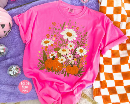 Comfort Colors Boho Fall Floral Pumpkin Shirt - Girly Thanksgiving Tee