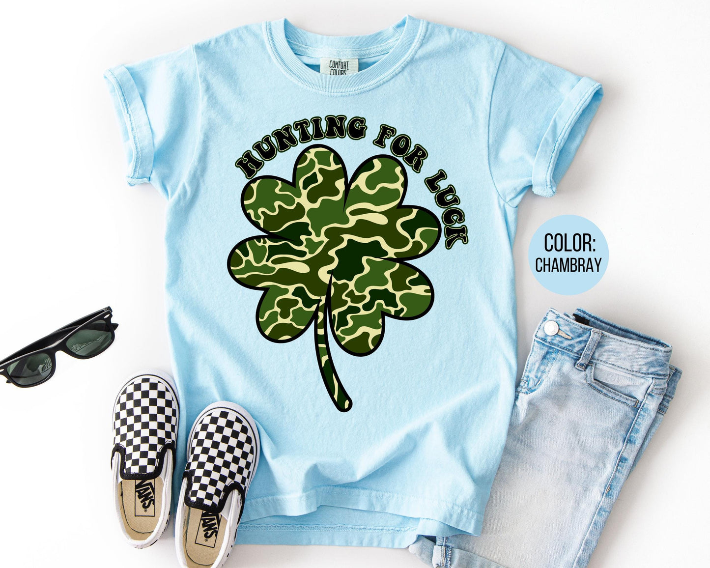 Comfort Colors® Boys Hunting For Luck Shirt, Kids Camo St Patricks Day Shirts