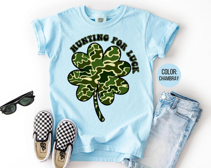 Comfort Colors® Boys Hunting For Luck Shirt, Kids Camo St Patricks Day Shirts