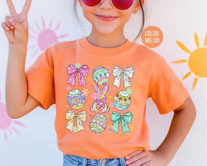 Comfort Colors® Girls Easter Egg Shirt, Kids Coquette Bow Easter Shirts