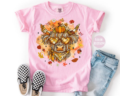 Comfort Colors Kids Highland Cow Shirt - Preppy Western Fall Style