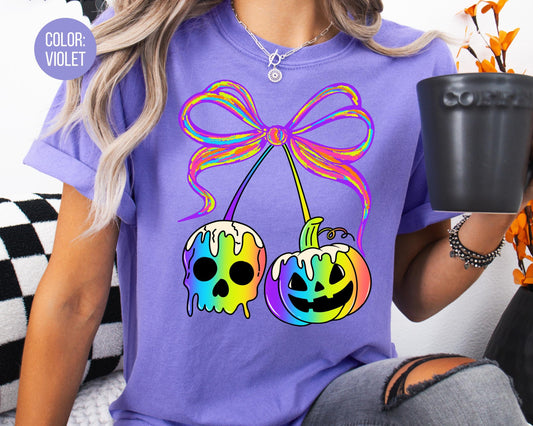 Comfort Colors Neon Halloween Shirt: Coquette Pumpkins & Spooky Skull