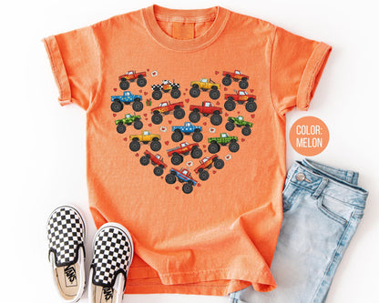 Comfort Colors® Boys Heart Monster Truck Shirt, Kids Valentines Day Shirts