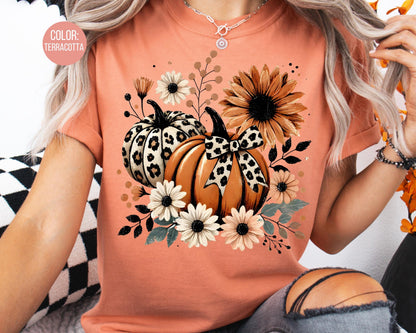 Comfort Colors Floral Fall Pumpkins Shirt, Leopard Pumpkin Tee, Thanksgiving Shirts for women