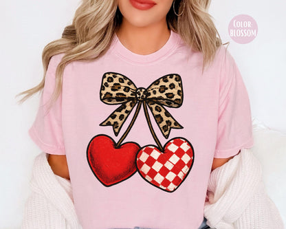 Comfort Colors Leopard Coquette Valentine Cherries Shirt: Girls Valentine's Day Tee