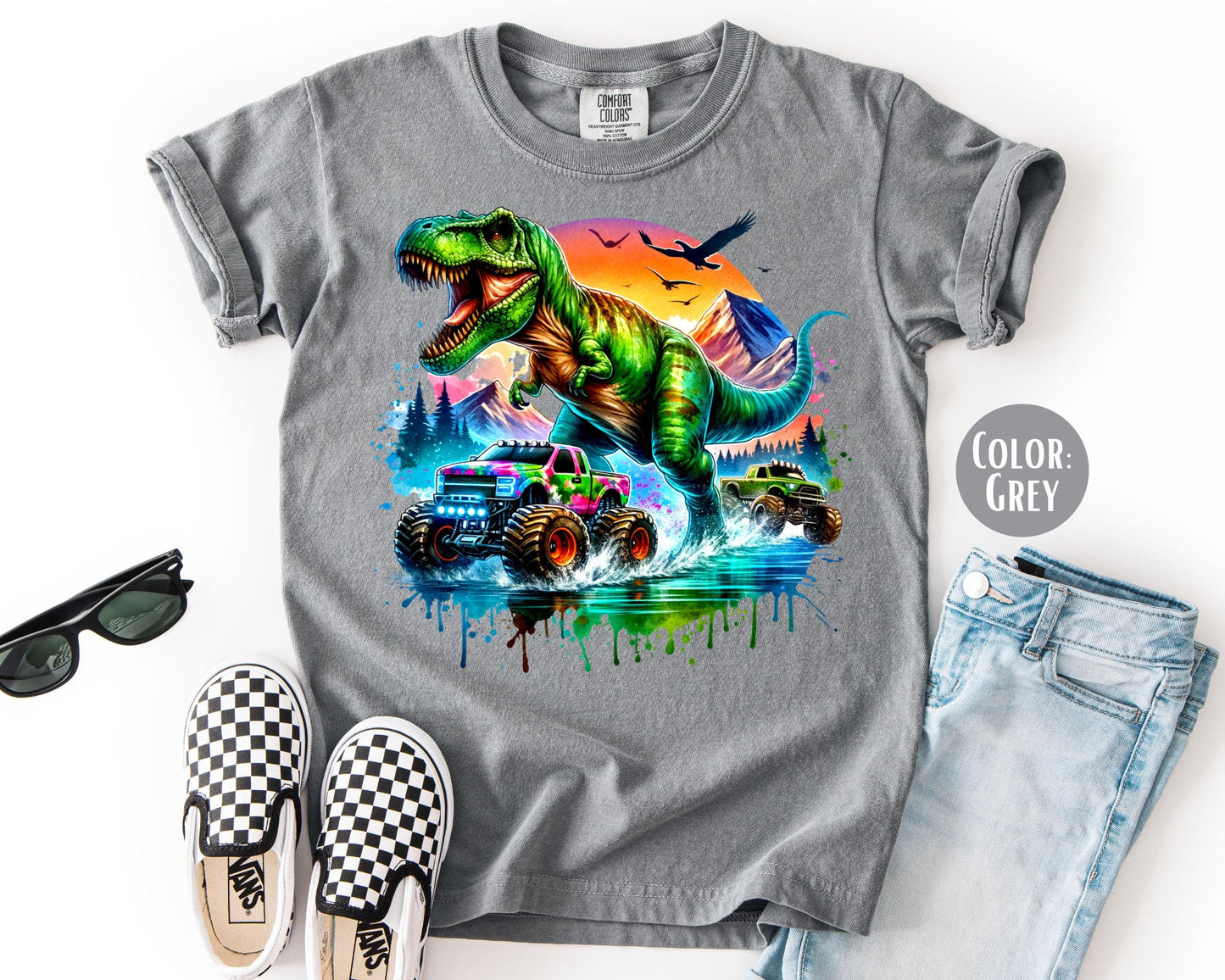 Comfort Colors® Boys T-Rex Monster Truck Shirt, Kids Dinosaur Shirts