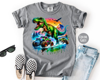 Comfort Colors® Boys T-Rex Monster Truck Shirt, Kids Dinosaur Shirts
