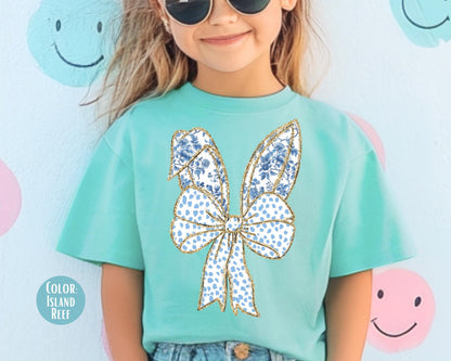 Comfort Colors® Kids Faux Glitter Blue Victorian Easter Shirt, Girls Easter Shirts