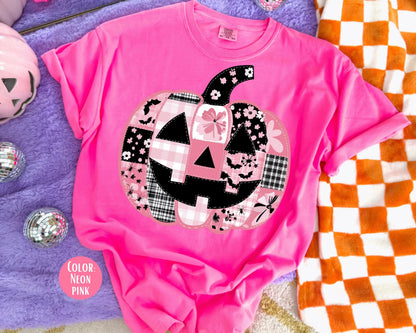 Comfort Colors Pink Pumpkin Patchwork Shirt - Retro Halloween Tee