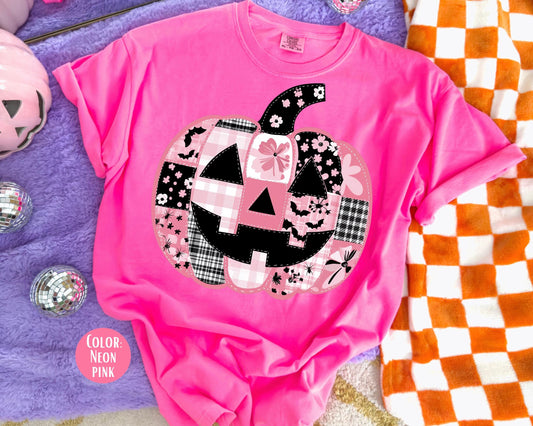 Comfort Colors Pink Pumpkin Patchwork Shirt - Retro Halloween Tee